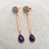 Grey Chalcedony and Amethyst Chalcedony Gemstone Drop Earrings, Rose Gold Plated 925 Sterling Silver Dangle Earrings, Womens Gift Earrings